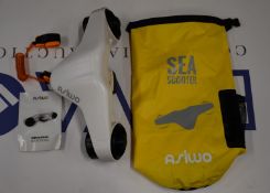 An Asiwo Turbo sea scooter with battery, travel case and instructions.