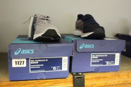 Two pairs of women's as new Asics trainers; Gel-Cumulus 21 MK (UK 3.5) and Gel-Cumulus 22 (UK 4).
