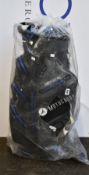 A Motocaddy Dry Series golf bag in charcoal/blue.