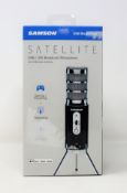 A boxed as new Samson Satellite USB broadcast microphone for iOS in black/silver.