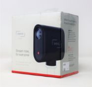 A boxed as new Mevo Start Live Streaming Camera (P/N: MV3-01B-BL) (Box sealed, some damage to