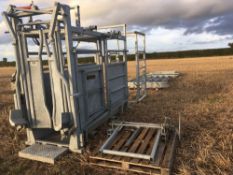 Bateman cattle crush with head scoop and squeeze, vet box and 4 x race gates, 1 x in race gate, 1 x