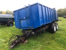 1983 Grain trailer twin axle 10t with sprung drawbar, hydraulic tailgate and grain chute on 15.0/70-
