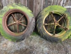 Pair of Dual Wheels, 13.6/12-38. Tyres not tested and worn. Stored near Beccles, Suffolk.