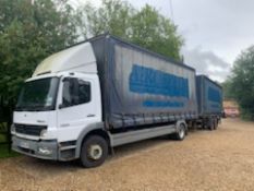 Mercedes 2005 Atego 1323 2 axle ridged curtainside lorry (24ft bed) together with flat bed trailer