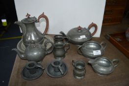 Pewter Part Tea Set, Plates, Candlesticks, etc.