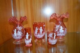 Five Mary Gregory Cranberry Glass Vases and Beakers