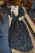 Victorian Mourning Dress in Black Silk with Applied Lace and Glass Bead Decoration