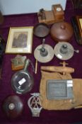 Collectible Items Including Cornish Tin Ingot, Oil Lamps, Wooden Bowls, Framed Engraving, etc.