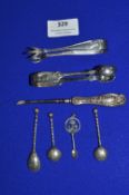 Hallmarked Sterling Silver Sugar Tongs, Mustard Spoon, etc.