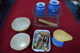 Kitchenalia; Bretby Storage Jars, Utensils, Mixing Bowls, and Stationery Rack