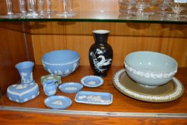 Wedgwood Blue & White Jasper Ware plus Brown Cake Plate, Pale Blue Bowl etc.