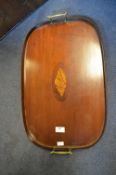 Edwardian Inlaid Mahogany Veneered Tray with Brass Handles and Shell Cartouche