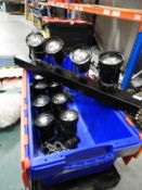 *Plastic Tote Bin Containing 3 Four Lamp Par 36 Pinspots and Brackets