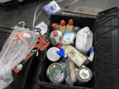 *Mixed Box of Assorted Detergents, Wood Fillers, Stains, Mastic Guns, Clamps, etc.