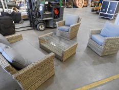 *4pc Rattan Patio Set; Two Easy Chairs, One Sofa and a Glass Topped Table