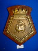 Brass Navy Plaque on Wood 22cm high