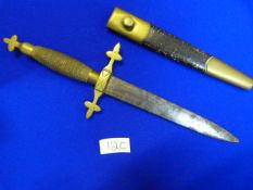 Brass Handled Unnamed Dagger with Brass Wire Grip & Leather Scabbard