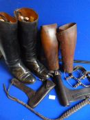Pair of Brass Spurs, Plated Leather Whip, Leather Equipment...