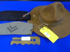 Military Hat, Two Military Caps and a Brass Button Polisher dated 1958