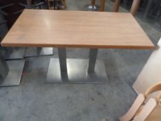 * 2 x low rectangle tables S/S rectangle pedestal bases with wooden veneer tops. 1200w x 600d x 670h