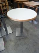 * 5 x round tables S/S square pedestal bases with cream tops and wood trim. 760d x 760h