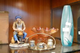 Glass Vase, Dish, and a Cruet Set