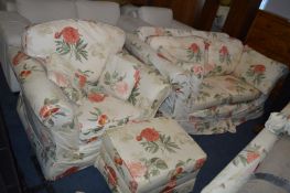 Two Seat Sofa and Armchair in Floral Upholstery with Pouffe