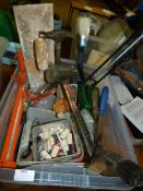Box of Decorating and Other Tools Including Paint Brushes, Hammers, etc.