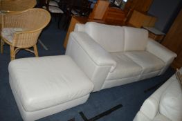 Large Cream Leather Sofa and Pouffe