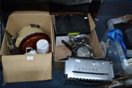 Two Boxes of Kitchenware; Slow Cooker, Pans, Toast