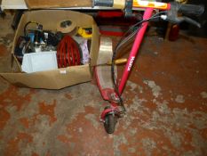 Box Containing Bicycle Helmets, Foot Pump, Saw, Tools, and a Razor Electric Scooter (No Charger)