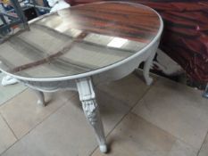 * Large cream table with ornate legs, removable gold mirrored perspex top 1200d x 780h