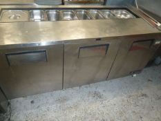 * True S/S 3 door bench chiller with pizza prep gastronome top TSSU-72-18. 1840w x 760d x 900h
