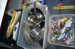 Two Large Tubs of Kitchenware, Stainless Steel Pan