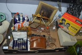 Box of Collectibles; Binoculars, Staffordshire Fla