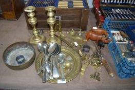 Brassware Including Candlesticks, plus Cutlery, Wo