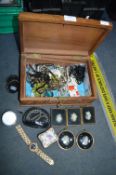 Carved Wooden Box and Contents of Costume Jeweller