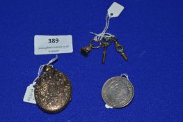 Gold Plated Locket plus Silver Coin Brooch, Watch Keys and a Fob