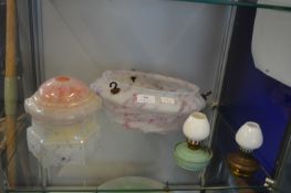 1930's Glass Celling Light Shade plus Lamp Shade and Two Miniature Oil Lamps