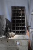 Slopping Pine Pigeon Hole Unit by The Tubbs Manufacturing Co, Michigan plus Two Work Lamps