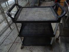 * 3 tier black plastic hostess trolly. 850w x 470d x 960h