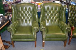 Pair of Green Leather Chesterfield Wingback Armcha
