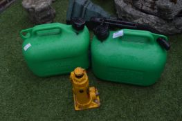 Two 5L Fuel Cans and a Halfords 1.5 Tonne Hydrauli