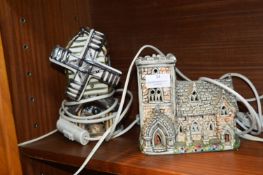 Two Illuminated Ornaments; Windmill and Church