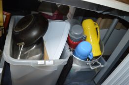 Two Boxes of Kitchenware; Pans, Trays, Flasks, etc