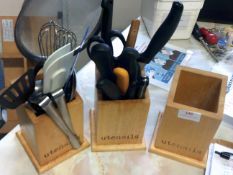 *3 x utensils pots with chefs knives and various utensils