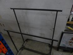 * 2 x grey metal hanging rails on castors - adjustable height. 1600w x 550d x 1360-1850h