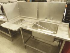 * L-shaped feed table for pot wash with sink and taps and splash back. 1700w x 820d x 140h