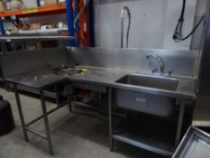 * S/S left hand 'L' shaped sink with cut out for bin and macerator - including taps and partial